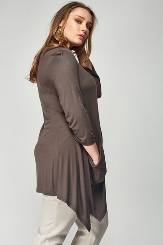 Dark 4 Point Hem Floaty Long Top Droop Pockets 3 Quater Sleeve Ladies Bnwt - Picture 3 of 5
