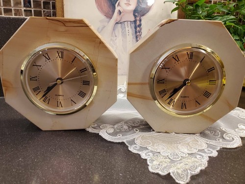 Marble Slab Hexagonal Quartz Table Shelf Mantle Clock 5 1/2" Heavy - Picture 3 of 6
