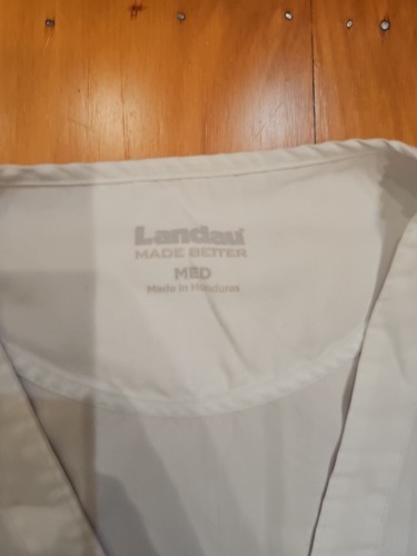 Landau Made Better Scrub Coat, Size Medium, White, 3 Buttons, V Neck, Pockets - Picture 3 of 4