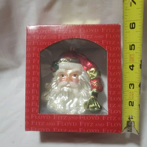 SANTA Weihnachtsschmuck FITZ FLOYD Quecksilber Glaskopf 5" Glitzer weiß rot Neu im Karton