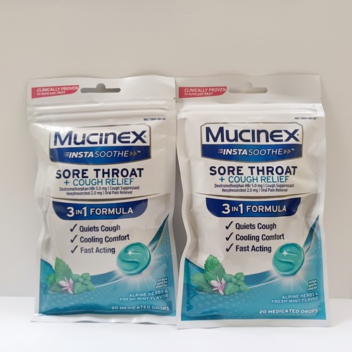 TWO Mucinex Instasoothe Sore Throat+ Cough Relief Mint Flavor 3 in 1 (40 Drops)