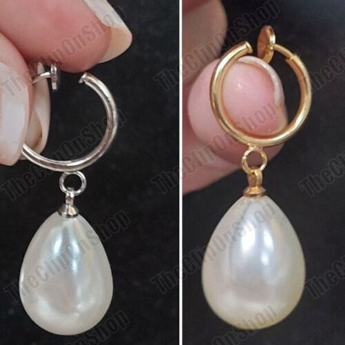 CLIP ON non-pierced PEARL drop EARRINGS cream/white TEARDROP clips GOLD/SILVER - Picture 2 of 10