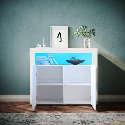 White High Gloss RGB LED Sideboard Living Room Storage 2 Doors Cabinet Cupboard - Picture 4 of 17