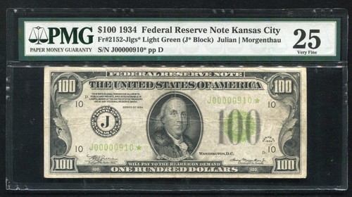 FR.2152-Jlgs* 1934 $100 *STAR* LGS LIGHT GREEN SEAL FRN KANSAS CITY,MO PMG VF-25 - Picture 1 of 2