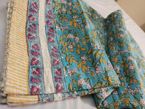Unique Indian Kantha Cotton Hand Block Print Floral Handmade Blanket 90x108 inch - Picture 3 of 7