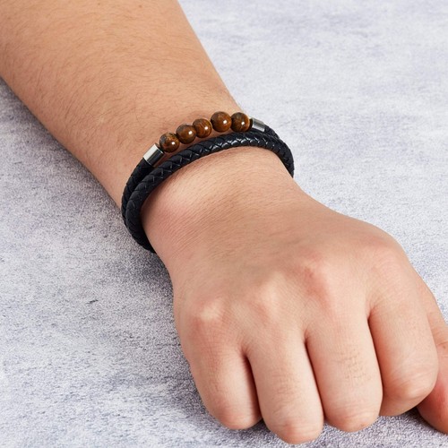 Men's Tiger's Eye Genuine Leather Bracelet - Picture 2 of 6