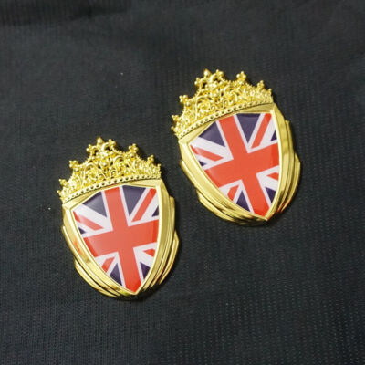 2x Golden Chrome U.K. Flag Metal Emblem Badge Decal Sticker Luxury England uk 3D