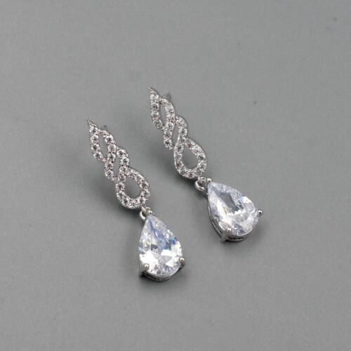 Clear Cubic Zirconia CZ Wedding Tear Drop Dangle Earrings 35 Bridesmaids Gift - Picture 3 of 4