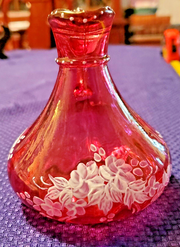 Cranberry Glass Pitcher Hand Painted Flowers by I. Wilson; 4 1/2" SIGNED & DATED - Picture 3 of 9
