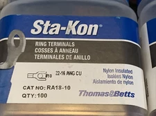 100X Thomas & Betts  STA-KON RA18-10 Ring Terminal 22-16 AWG CU