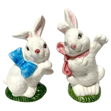 VTG K's Collection Porcelain Painted Easter Bunny Figure Set Pink & Blue Spring