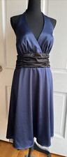 MADISEN LEIGH Size 12 Blue & Black HALTER DRESS Tea Length WASHABLE Lined ZIPPER