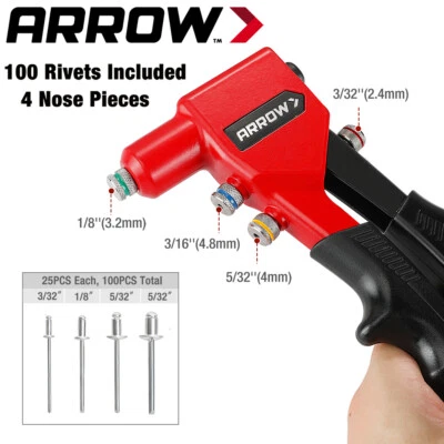Arrow Hand Riveter Kit RT187M Pop Rivet Gun 100PCS Rivets 3/32" 1/8" 5/32" 3/16"