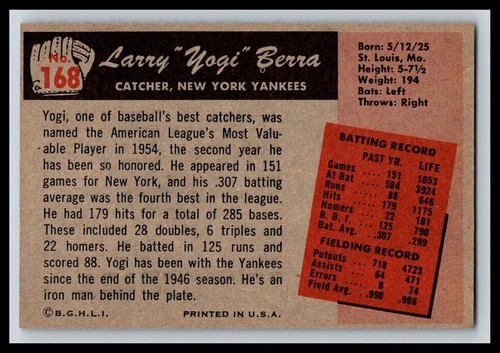 BOWMAN BASEBALL 1955 # 168 YOGI BERRA 25808 - Photo 2/2