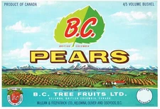ORIGINAL PEAR CRATE LABEL CANADA BRITISH COLUMBIA 1950S B.C. OSOYOOS KELOWNA  BC