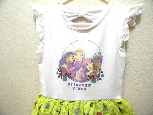 Disney Princess Girls Dress 6/6x White Green "Princess Vibes" Bow Back - Picture 2 of 7