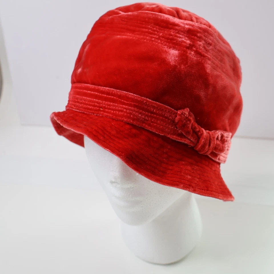 Sombrero de Terciopelo Rojo Brillante Vintage Años 20 Damas con Lazo Lindo Preppy Retro Aleta De Colección Foto 2 de 4