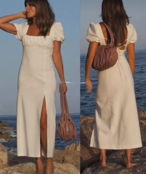 Zara Oyster White Linen Blend Lace Up Back Puff Sleeve Midi Dress Size S