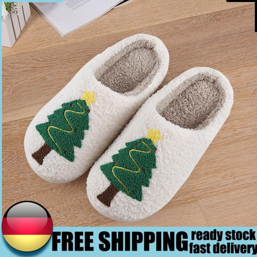 APL Christmas Tree Plush Slippers Flat Thermal Slippers Anti Slip for Men Women