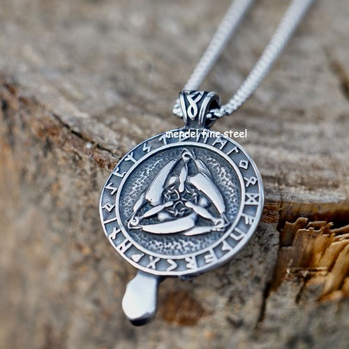 MENDEL Mens Norse Viking Stainless Steel Odin Raven Crow Rune Pendant Necklace - Picture 5 of 8