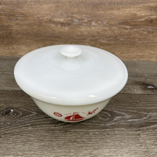 Vintage McKee Milk Glass Red Sailing Boat 8 X4”Mixing Bowl With Lid - Picture 3 of 9