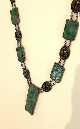 ESTATE/ Chinese Dynasty Filigree Green Jadeite 26” Silver Vermeil Panel Necklace