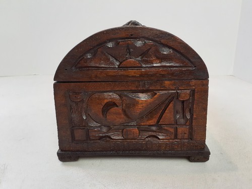 Antique Hand Carved Wooden Casket Domed Trinket Jewelry Box 11" with Hinged Lid - Picture 3 of 17