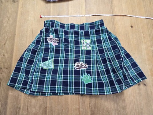 Justice X Stranger Things Green & Blue Plaid Skirt Skort W/ Patches Size M - Picture 1 of 6