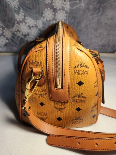 MCM Vintage Cognac Visetos Coated Canvas Leather Medium Boston Bag - Picture 4 of 15