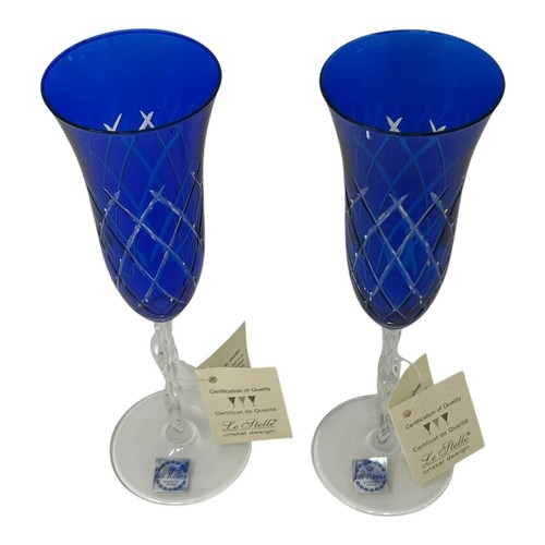 Cobalt Blue Cut to Clear Crystal Champagne Flutes Set Of 2 Hand Made Italy 8.5" - Picture 15 of 18