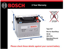 Car Battery S3005 Bosch 027 480A 56Ah 3Yr Warranty 242x175x190