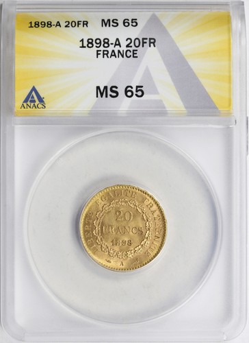 1898-A France Gold 20 Francs ANACS MS65