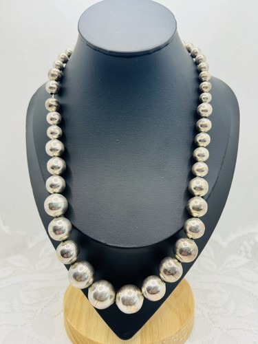 TAXCO MEXICO STERLING SILVER BENCH BEAD GRADUATED NECKLACE 81g TM-186 - Picture 9 of 10