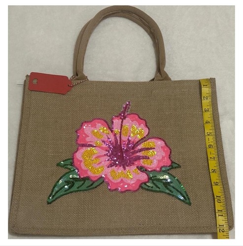 Bolso de Mano Yute Arpillera Natural/Asas de Algodón 12x5.5x15" Fino Flawer-Hibisco - Imagen 6 de 8
