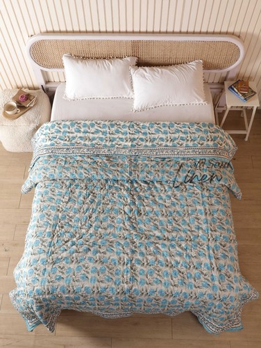 Indian Cotton Quilt Queen Twin King Size Blue Flower Block Print Bedding Throw - Picture 3 of 11