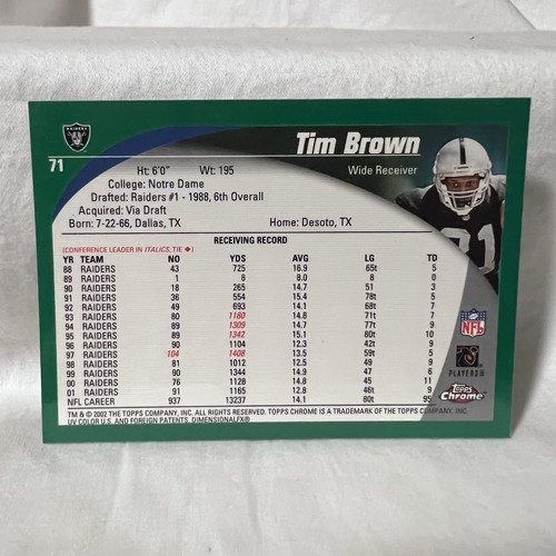 2002 Topps Chrome Football #71 - Tim Brown - Oakland Raiders Football Card - Picture 2 of 2