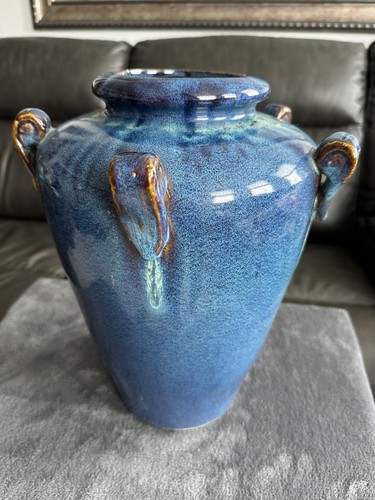 Chinesische Kunstkeramik 14" x 11" große Vase mit blauem Rotkehlchen Ei Flammenglasur & Griffen - Bild 16 von 17