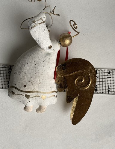 Arte popular de colección pintado a mano adorno de Navidad corazón de ángel alas de metal dorado hinchado - Imagen 14 de 17