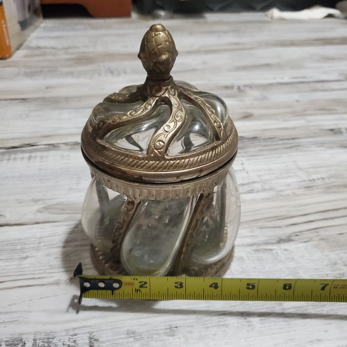 Vintage Baroque Brass Hand Blown Clear Bubble Glass Lidded Apothecary Jar - Picture 8 of 9