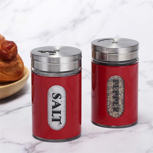 Salt and Pepper Shakers Stainless Steel and Glass Set with Adjustable Pour Holes - Picture 4 of 8