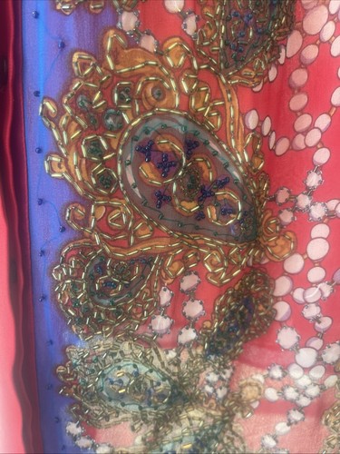 Diane Freis Original Red Silk Paisley & Pearls Print Beaded Tunic Blouse-M~EUC - Picture 7 of 12