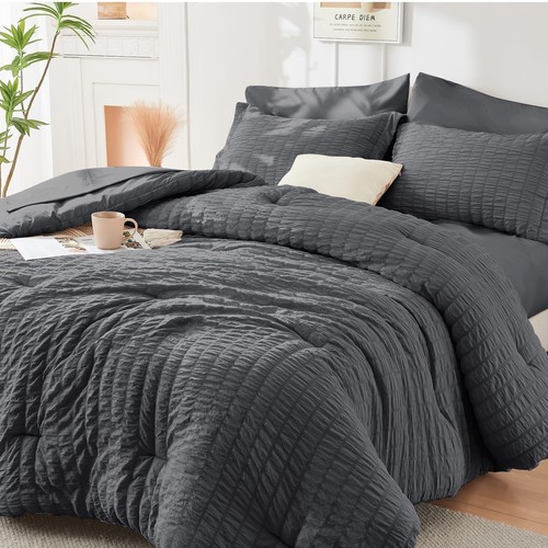 Queen Comforter Set Seersucker 7 Pieces, All Season Luxury Bed in a Bag for B...