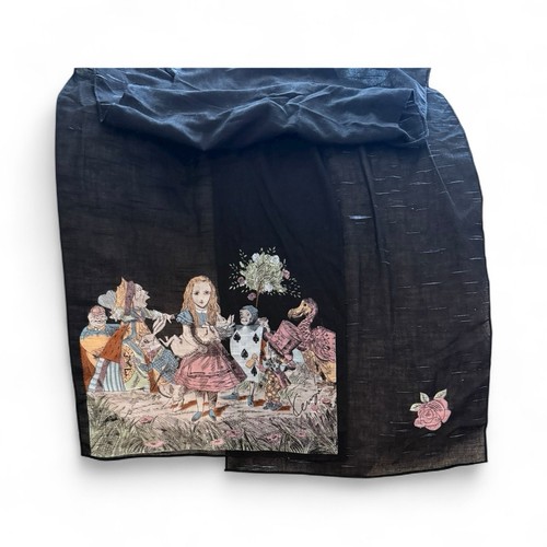 Vtg KENZO Alice in Wonderland Black Cotton Queen Of Hearts Scarf - 11x60” RARE - Picture 4 of 14