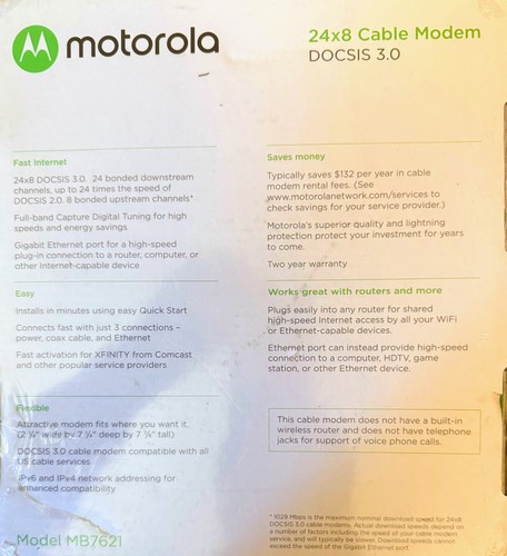 Motorola MB7621 Cable Modem Docsis 3.0 24X8 1000+ mbps - Factory Sealed - Picture 3 of 4