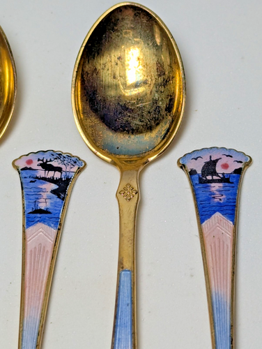 Set 6 Aksel Holmsen Enamel Norway 925S Demitasse Spoons Sterling Early/Mid 1900s - Picture 6 of 12