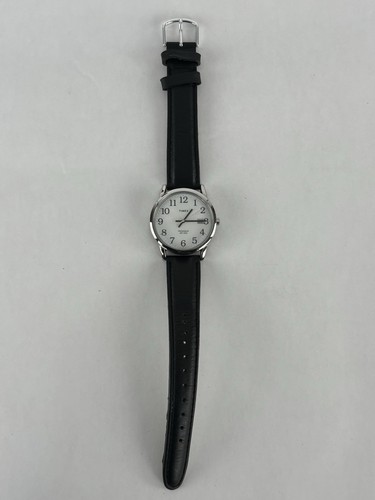 Timex Indiglo 35mm silberfarbene Quarz Datum Uhr mit schwarzem Lederband & Batterie - Bild 6 von 11