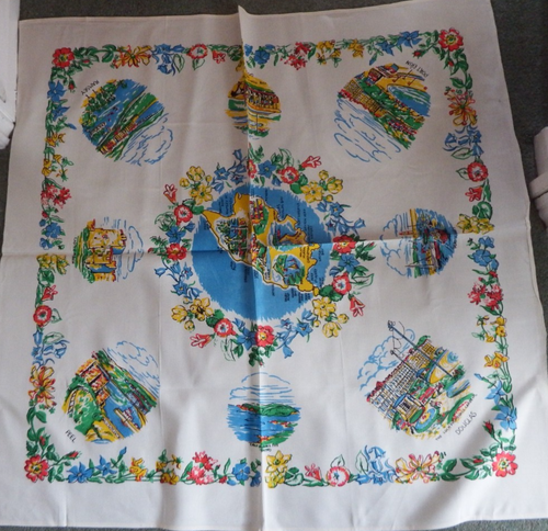 Vintage 1950/1960er TOURIST LEINEN TISCHDECKE SZENEN ISLE OF MAN 36 ZOLL x 36 ZOLL