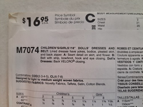 McCall's Pattern - Children's/Girls'/18" Dolls' Dresses & Belt (6-8) #M7074 - UC - Picture 3 of 6