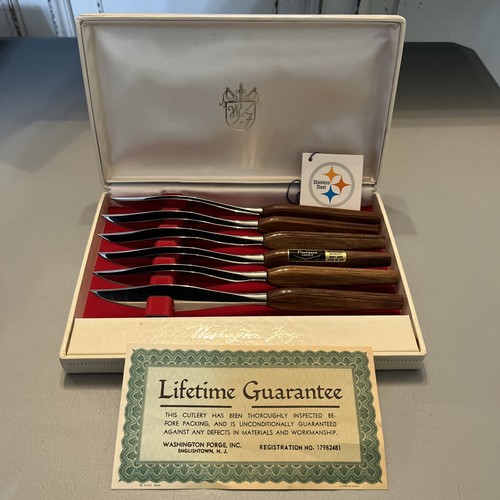 6 Vintage Mid Century Mod Washington Forge 8.5” Steak Knife Set Wood Fleetwood - Picture 1 of 13