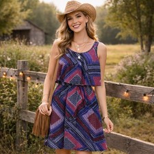 Stitch Btween Juniors Small Patchwork Dress Elastic Waist Boho Cottage Country